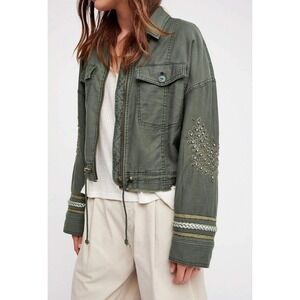 Free‎ People Extreme Cropped Military Olive Green Embellished Jacket Size Large